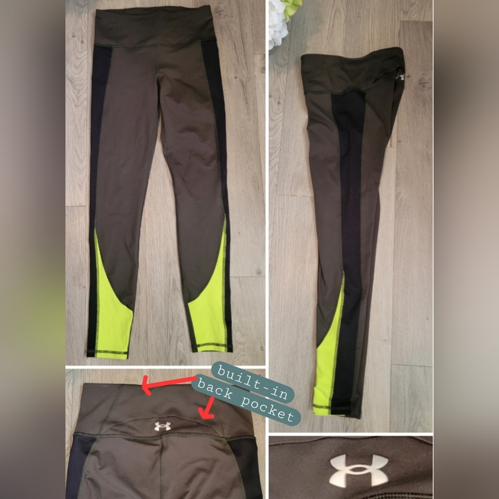 Under Armour Heat Gear Fitted Olive Green, Black, Neon Yellow Athletic Pants, S